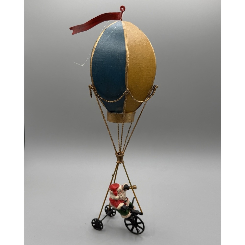 Santa Claus Bicycle Hot Air Ballon Metal Christmas Ornament 13"x5"‎